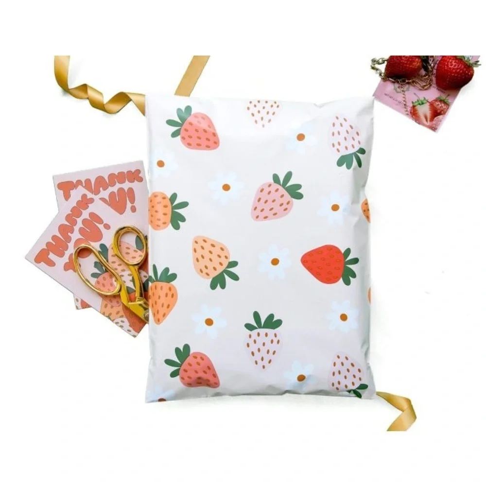 50PC Strawberry Shipping Supply Bundle–25 10x13 Poly Mailers + 25Thank You Cards